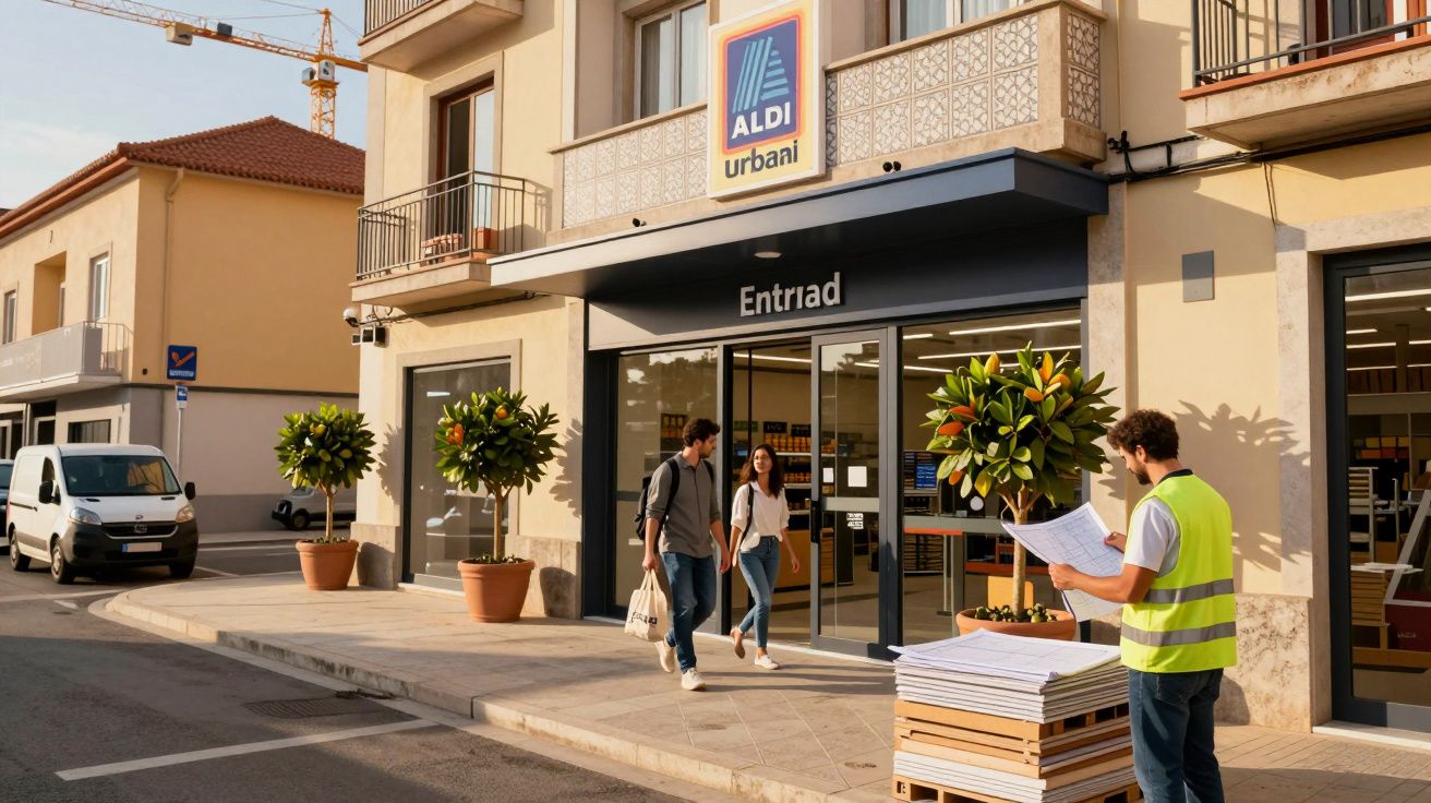 Fațada unui magazin ALDI urbani cu două persoane care ies și un muncitor cu vestă reflectorizantă care ține un plan.