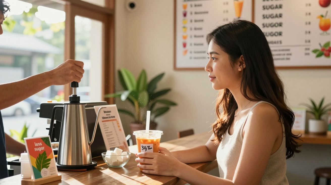 Tânără stând la tejghea într-o cafenea, ținând un pahar cu băutură rece cu pai.