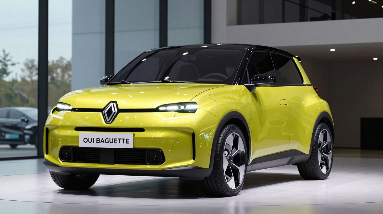 Mașină electrică Renault galben-verzui expusă într-un showroom modern, model compact și futurist.