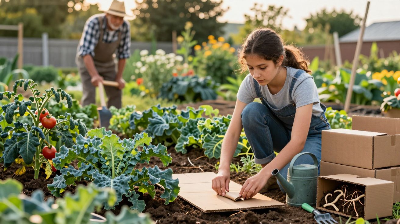 Fată lucrează în grădină la răsaduri de legume, în timp ce un bărbat sapă în fundal.