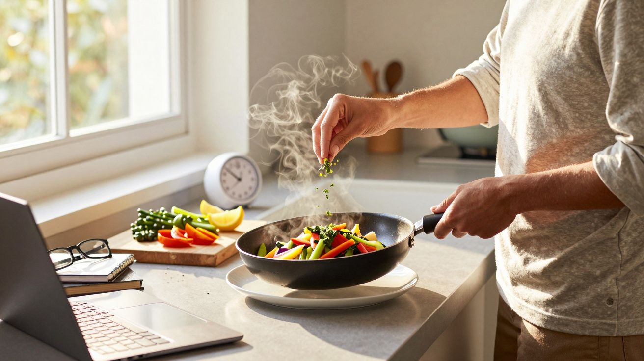 Persoană gătește legume colorate în tigaie cu aburi, adăugând condimente în bucătărie luminoasă.