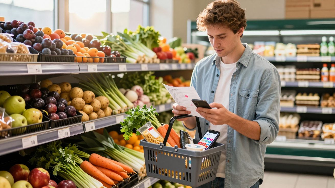 Bărbat tânăr cumpărând legume în magazin, verificând o listă și folosind telefonul mobil.