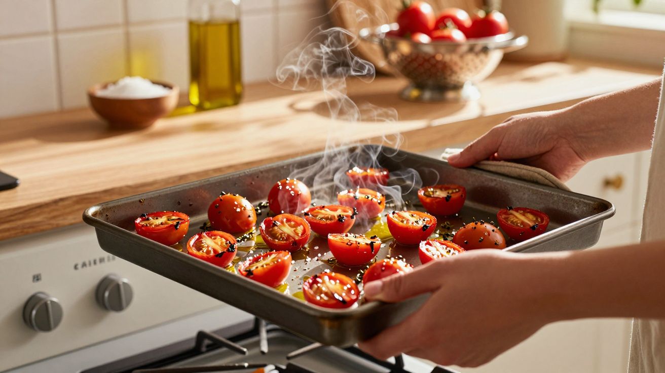 Persoană scoate tava cu roșii la cuptor, în bucătărie, cu abur vizibil deasupra legumelor.