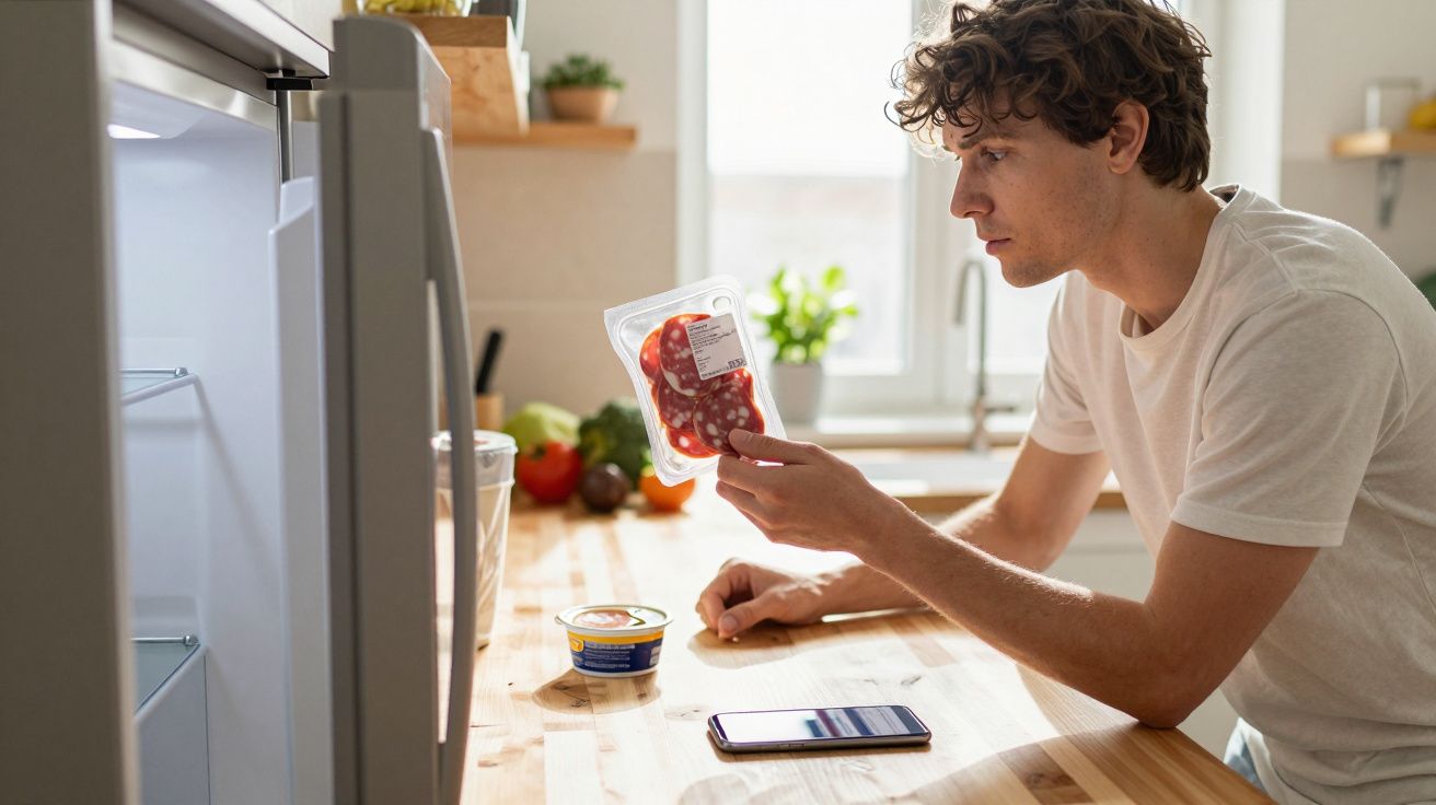 Bărbat tânăr verificând eticheta unui pachet cu salam în bucătărie, lângă frigider deschis.