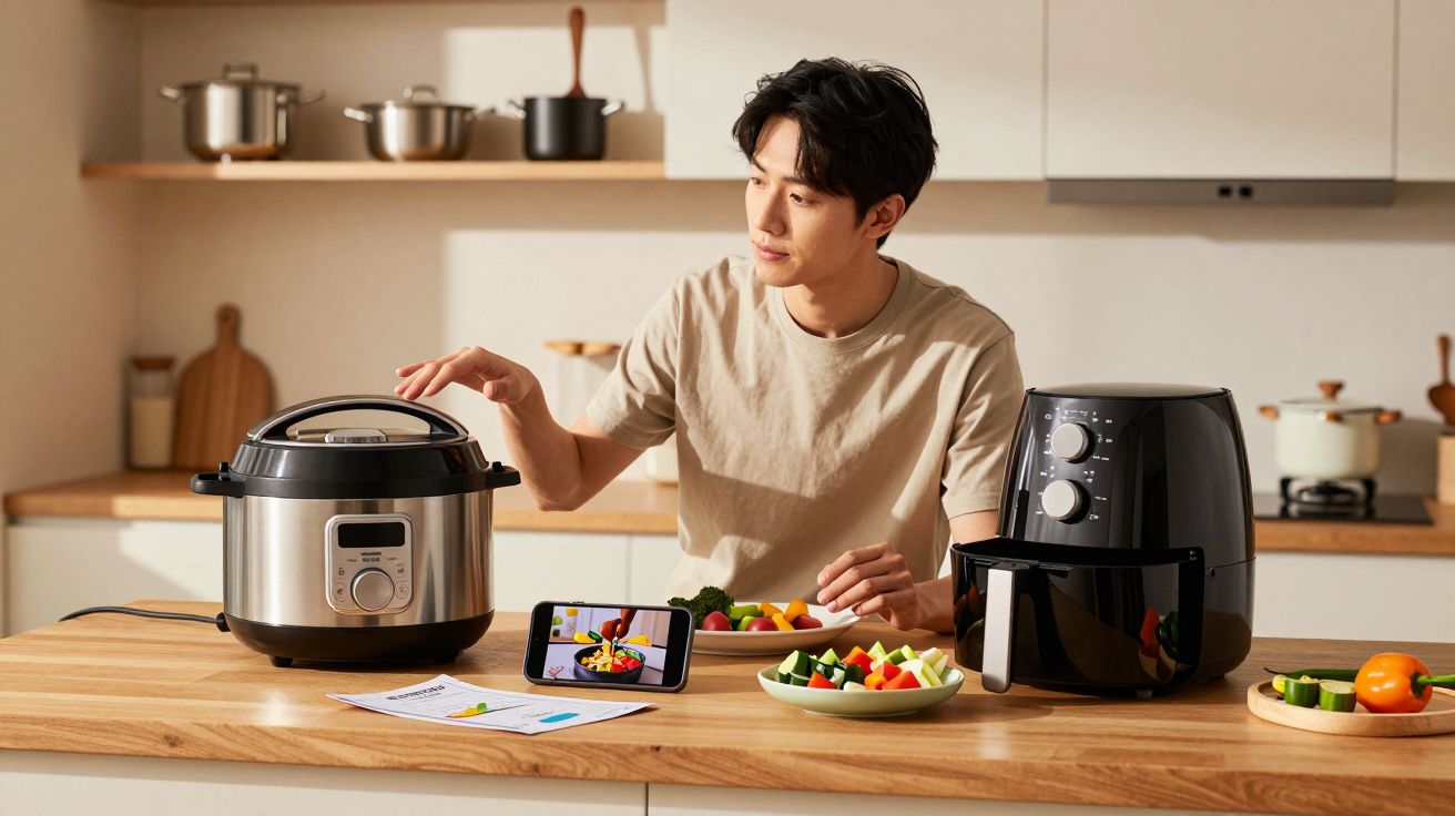 Bărbat în bucătărie, folosind un multicooker și un friteuză cu aer pentru a găti legume sănătoase.