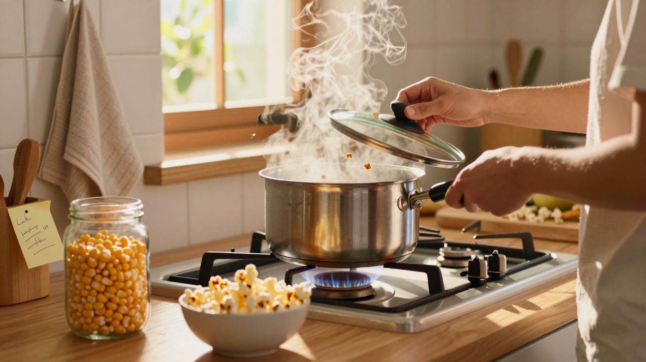 Persoană ridicând capacul unei oale cu popcorn care fierbe pe aragaz într-o bucătărie luminoasă.