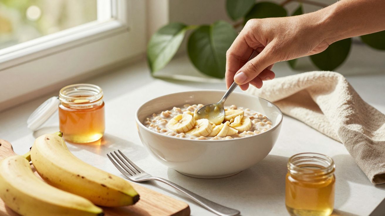 Bol cu terci și felii de banană, în jur borcănașe cu miere și mâna unei persoane care ia cu lingura.