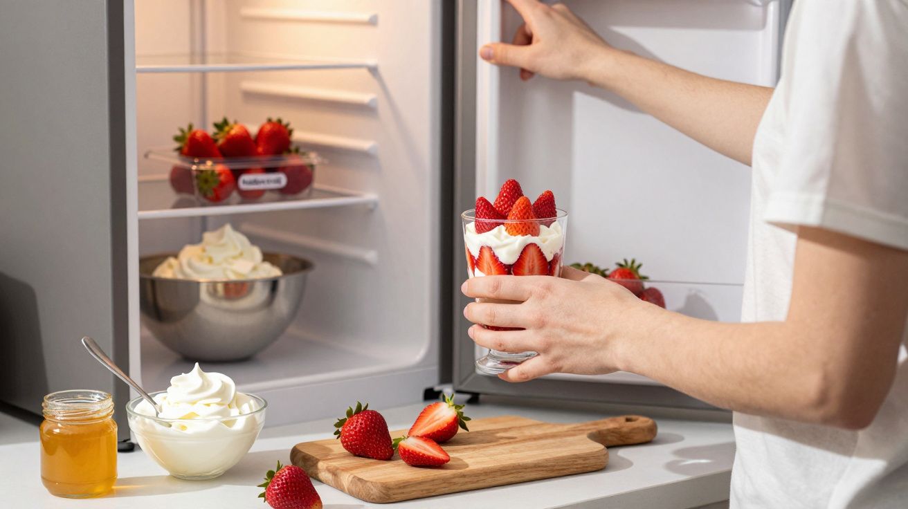 Persoană ținând un pahar cu căpșuni și frișcă în fața unui frigider deschis cu ingrediente pe blatul de bucătărie.