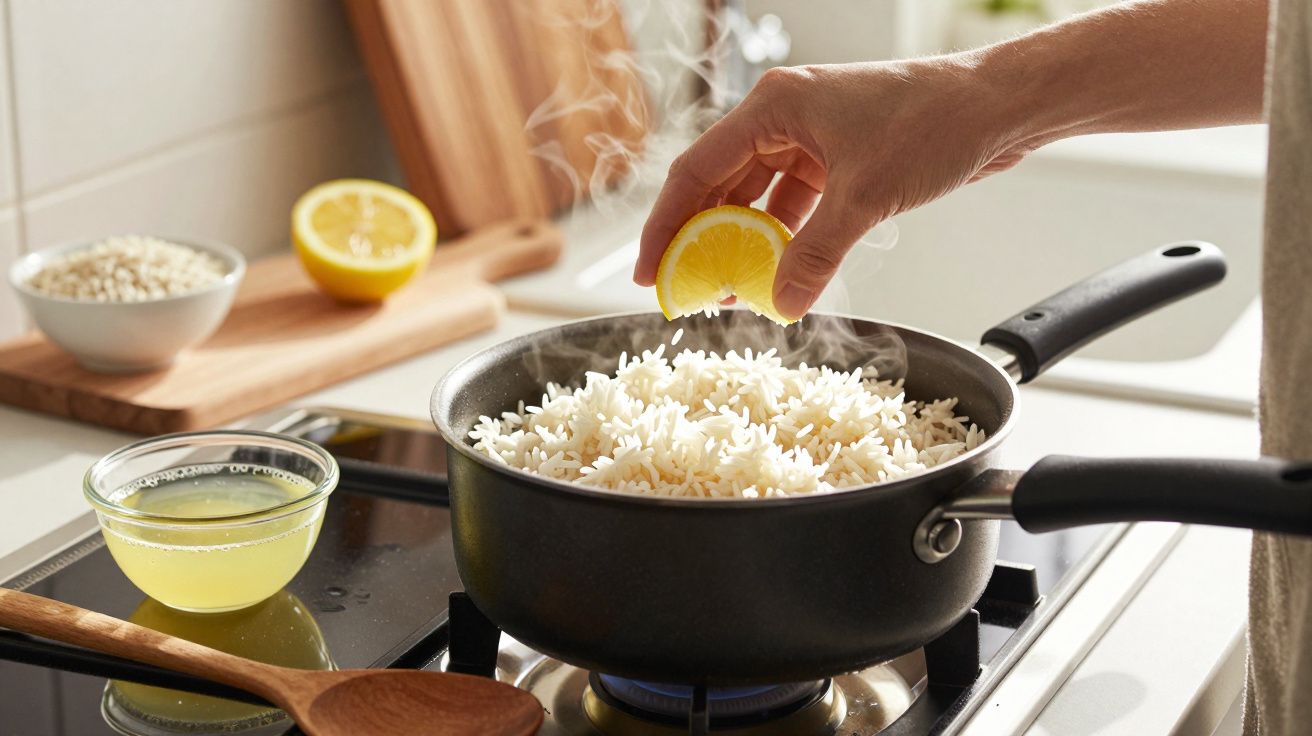 Mână stoarce o felie de lămâie peste o oală cu orez aburind pe aragaz.