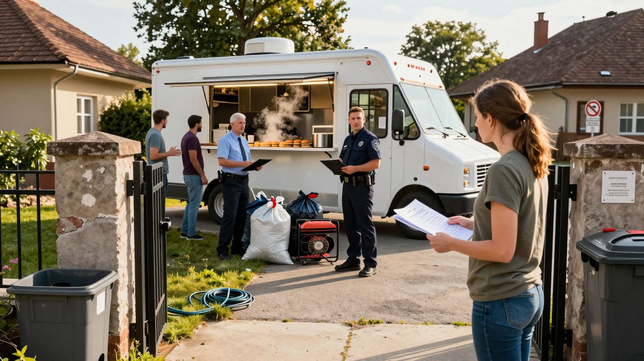 Polițiști și oameni la rulota de mâncare într-o curte, discutând în timpul unei anchete.