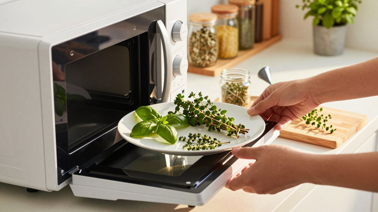 Mâini așezând o farfurie cu plante aromatice într un cuptor cu microunde alb pe o blată de bucătărie albă.
