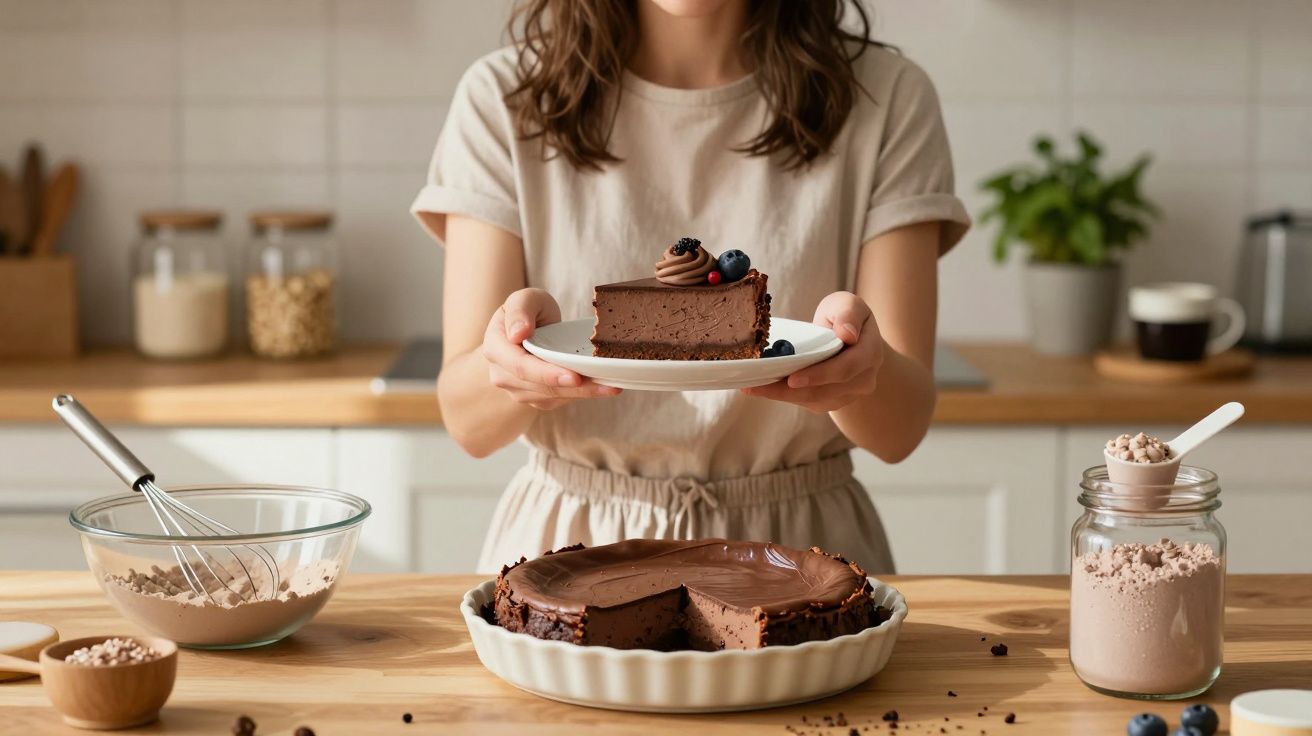 O femeie ține o farfurie cu felie de tort ciocolată decorat cu fructe de pădure, în bucătărie.