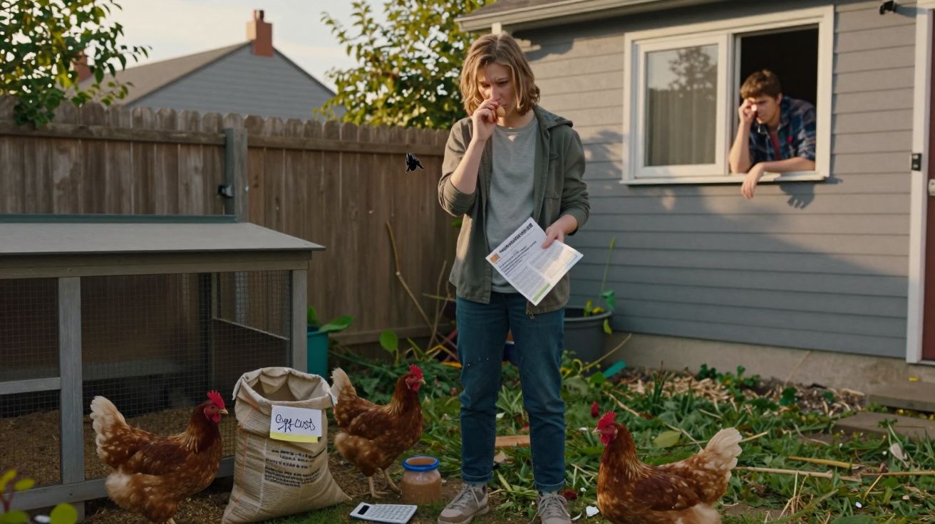 Un tânăr stă în curtea cu găini, ținând o hârtie în mână, iar un altul îl privește prin fereastra casei.