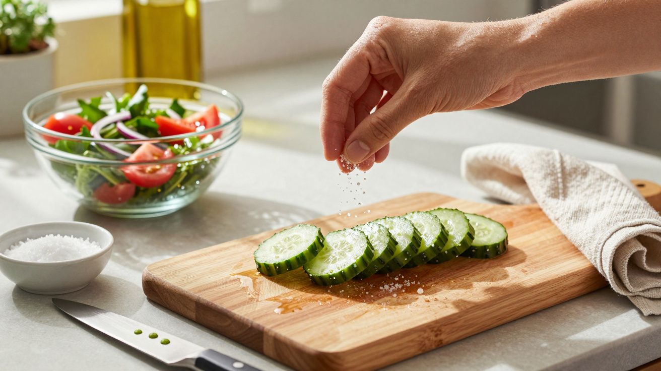 Mână presărând sare peste felii de castravete pe tocător, salată în bol și cuțit pe masă.