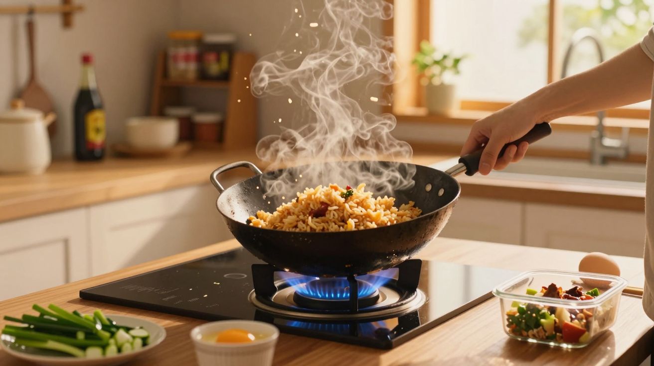 Mâncare aburindă gătită într-un wok pe aragaz într-o bucătărie luminoasă și organizată.