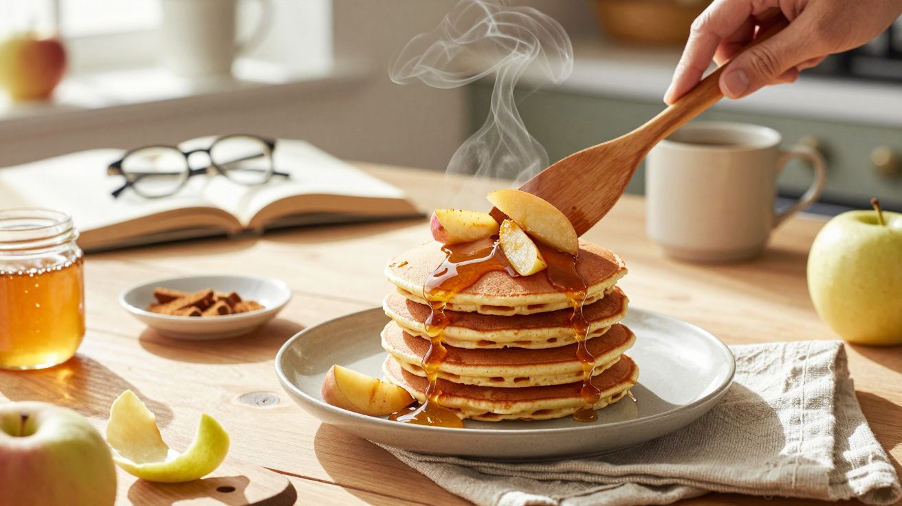 Clătite calde cu felii de măr și sirop de arțar curgând pe o farfurie pe o masă luminoasă de lemn.