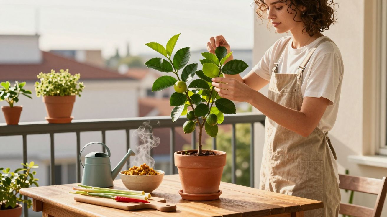 Femeie îngrijind un plant de lime pe un balcon, printre ustensile de grădinărit și un bol fierbinte.
