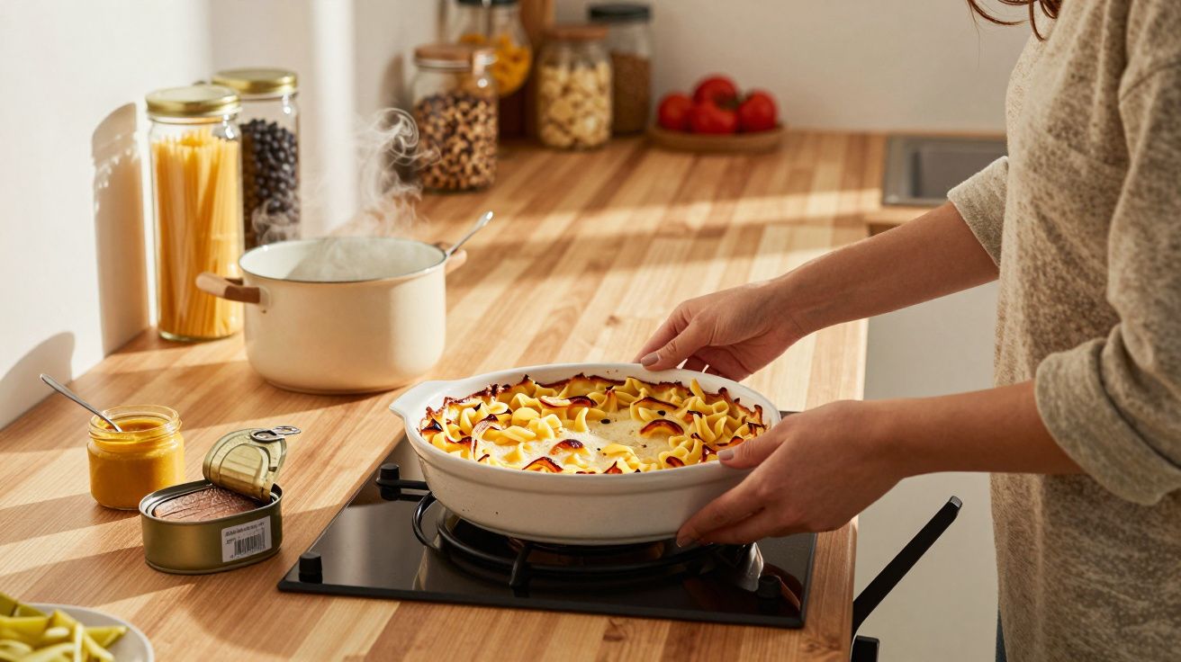 Persoană pregătește mâncare într-un vas ceramic cu paste la aragaz într-o bucătărie luminoasă.