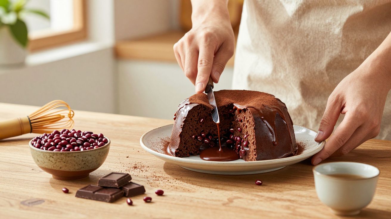 Persoană taie un tort ciocolatos cu cremă și boabe roșii pe o farfurie albă, pe masă cu ingrediente.