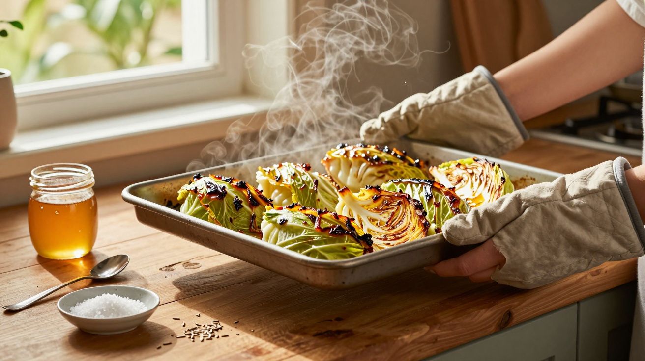 Tavă cu varză friptă, scoasă din cuptor, cu mănuși de bucătărie, miere și sare pe masă lângă fereastră.