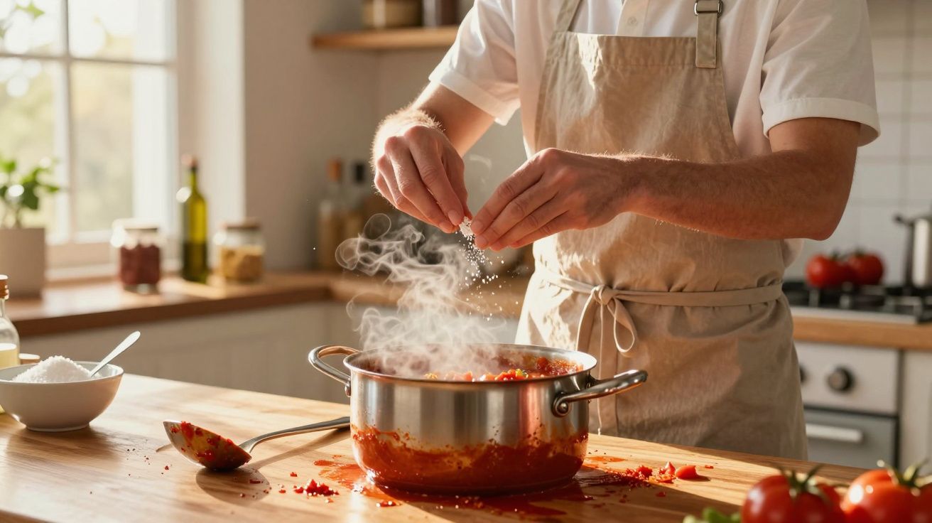 Persoană presărând sare într-o oală cu mâncare aburind, în bucătărie luminoasă și organizată.