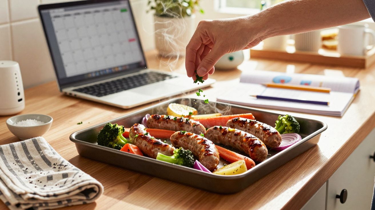 Mână presărând verdeață peste cârnați la grătar cu legume într-o tavă, laptop și caiet în fundal.