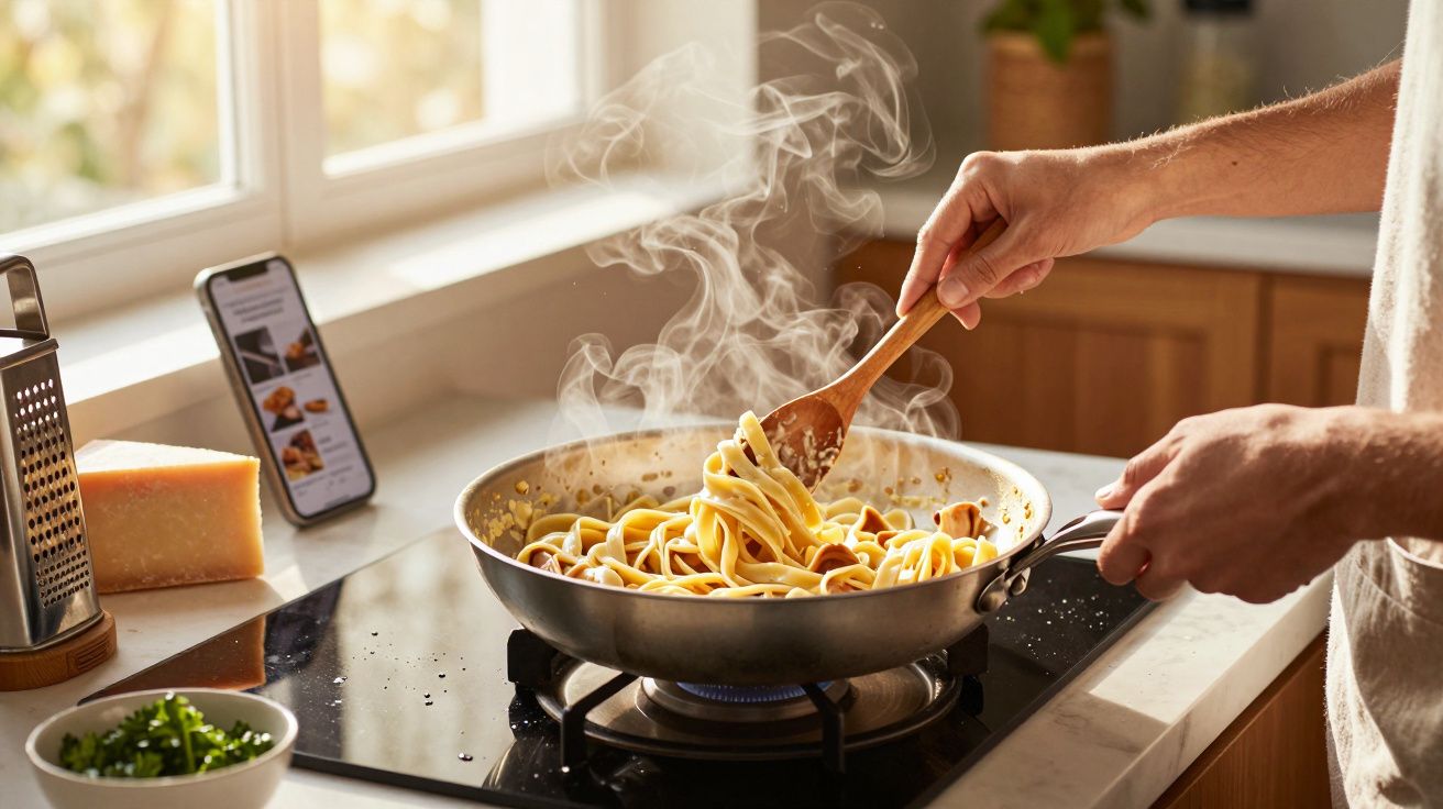 Persoană gătește paste cu sos într-o tigaie de pe aragaz, cu aburi vizibili în bucătărie luminoasă.