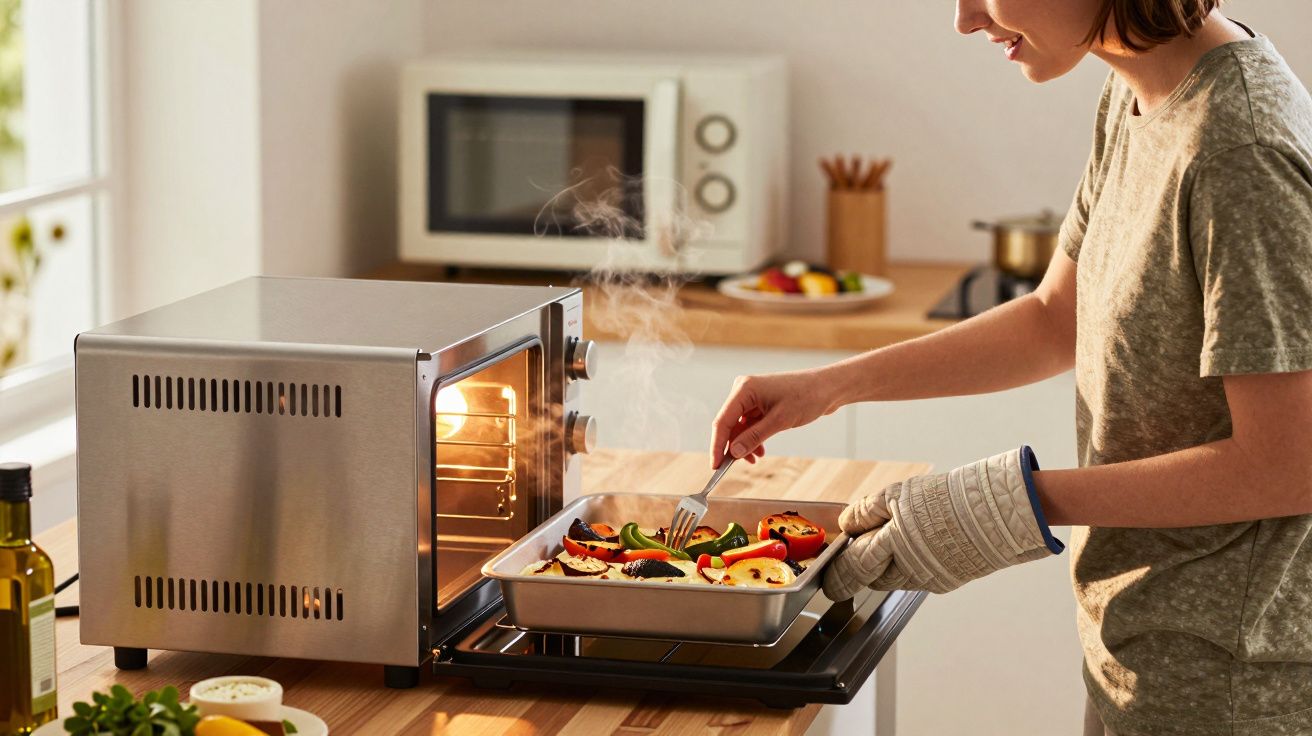 Femeie scoate legume coapte aburinde dintr-un cuptor electric în bucătărie modernă.