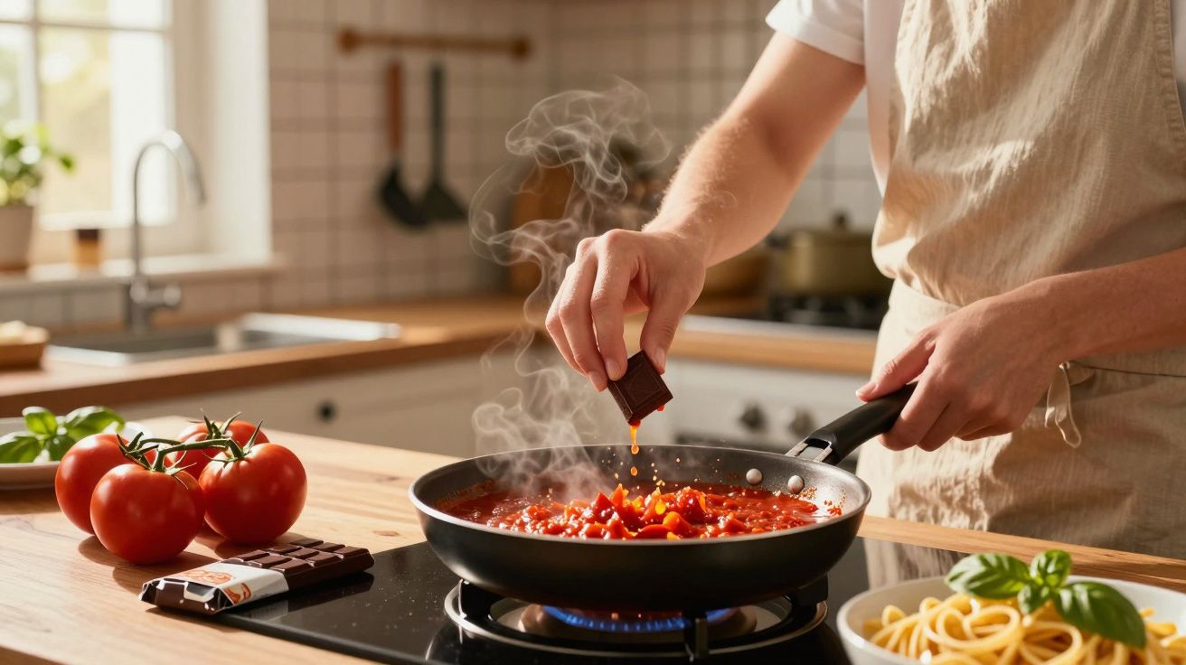 Persoană adaugând ciocolată la sos fierbinte roșu într-o tigaie pe aragaz în bucătărie modernă.