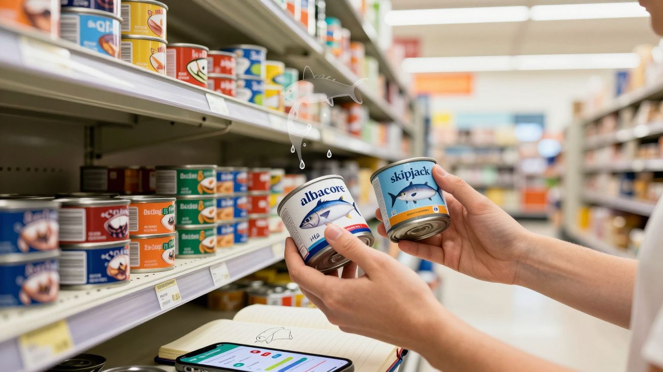 Mâini ținând conserve de pește în supermarket, cu rafturi pline în fundal și telefon pe masă.