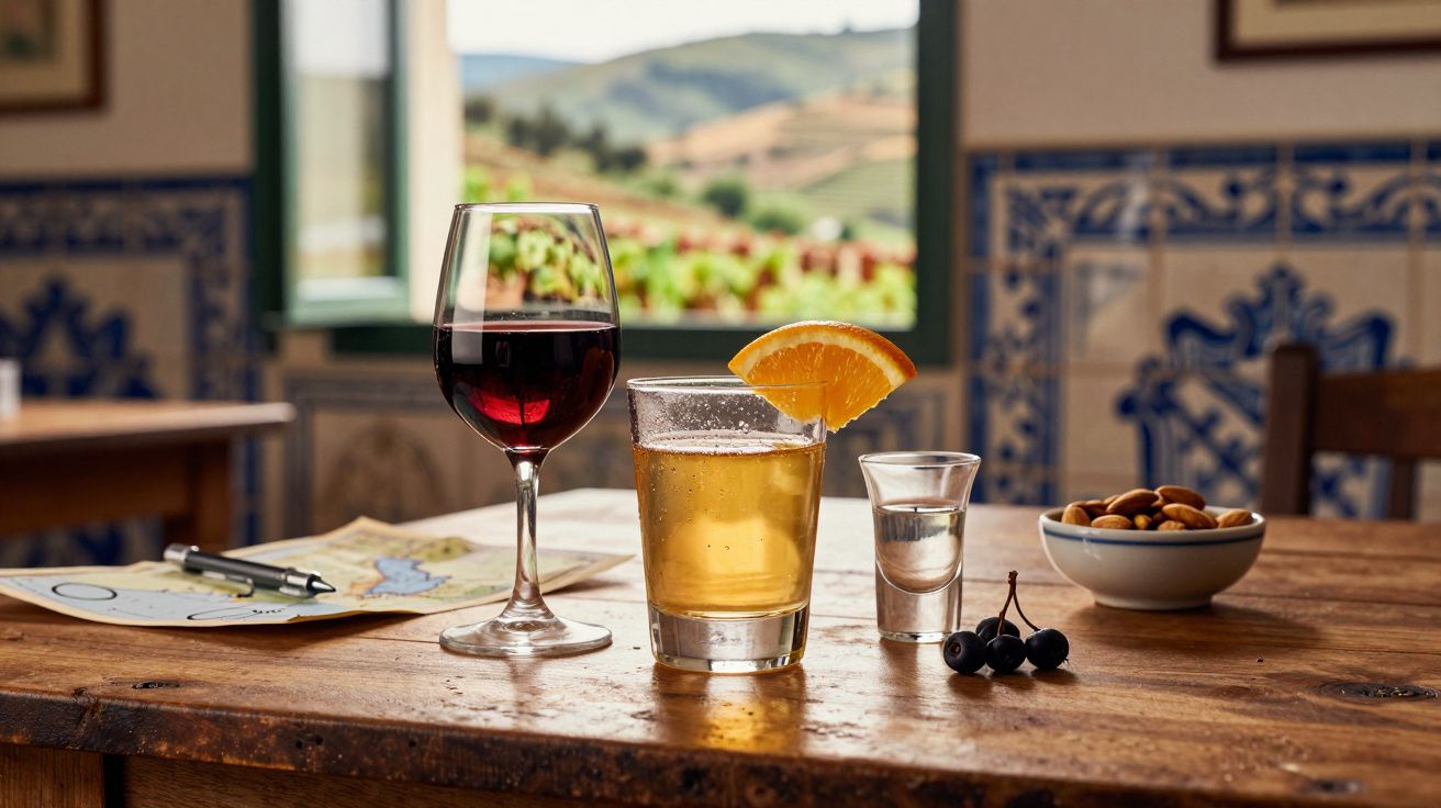 Pahare cu vin roșu, bere cu felie de portocală și un pahar mic cu alcool pe o masă de lemn rustică, lângă un bol cu migdale ș