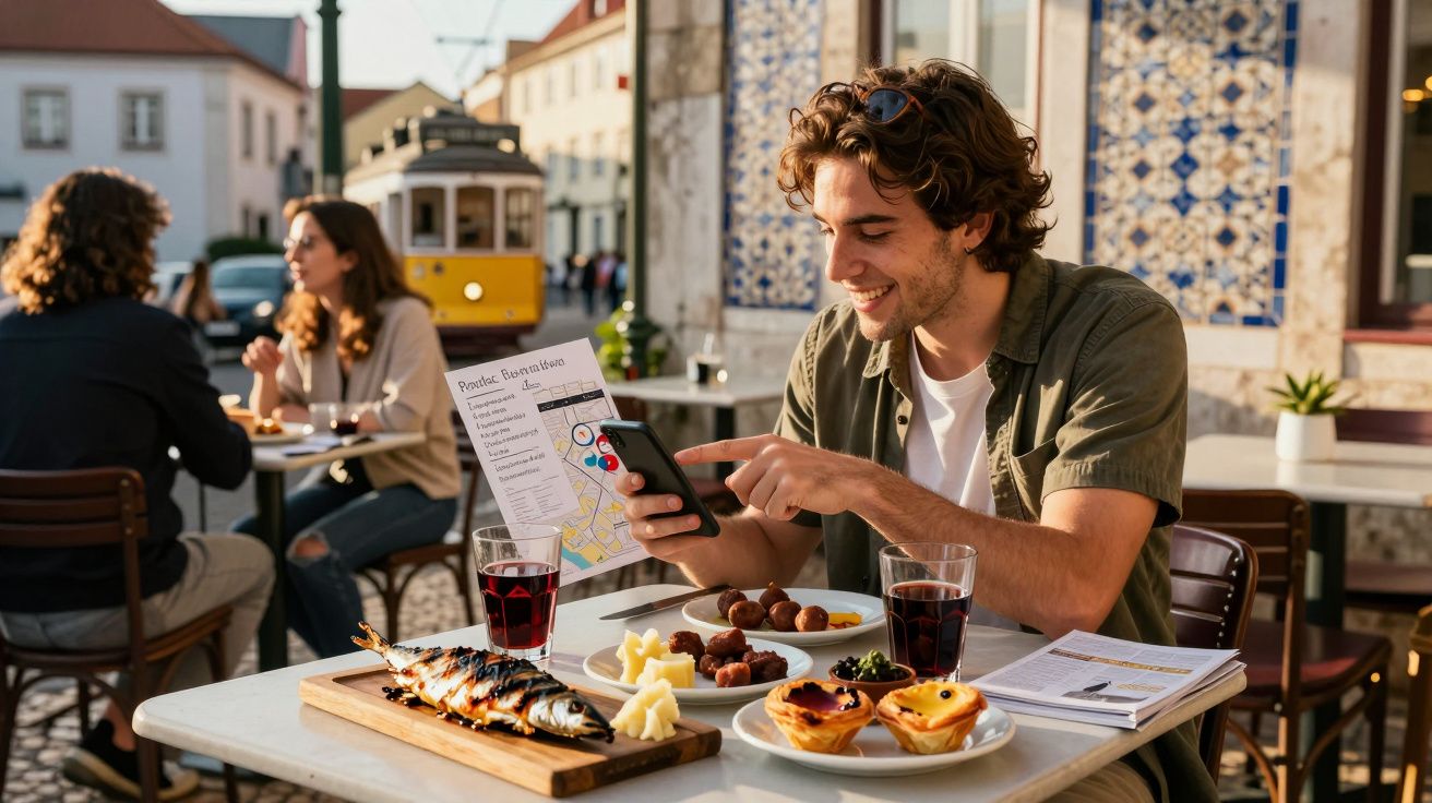 Bărbat zâmbind, stând la masă în aer liber cu mâncare și băuturi, folosind telefonul mobil.