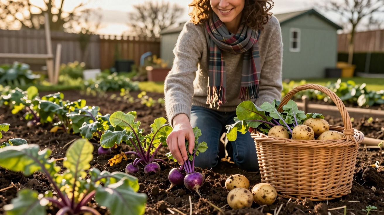 Femeie zâmbitoare culege legume proaspete din grădină, cu un coș plin de cartofi lângă ea.