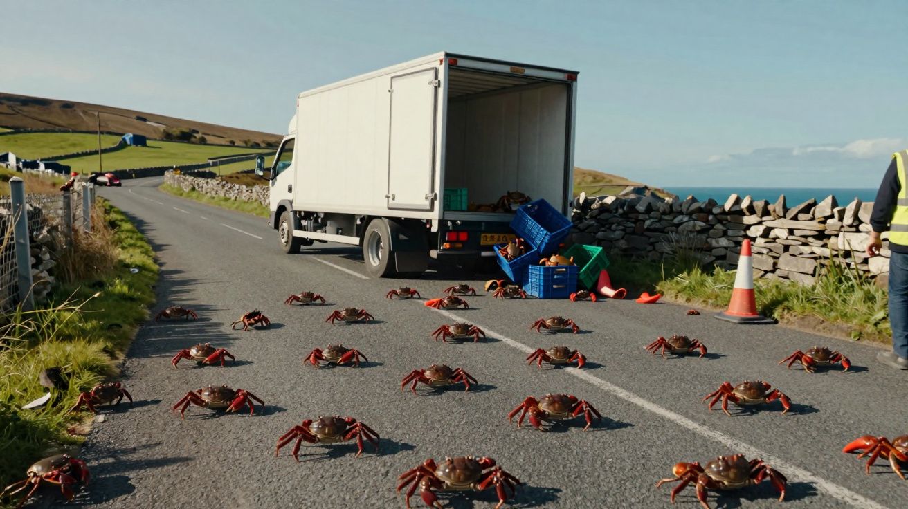Camion alb parcat pe drum rural cu crabi roșii care traversează șoseaua spre ocean.
