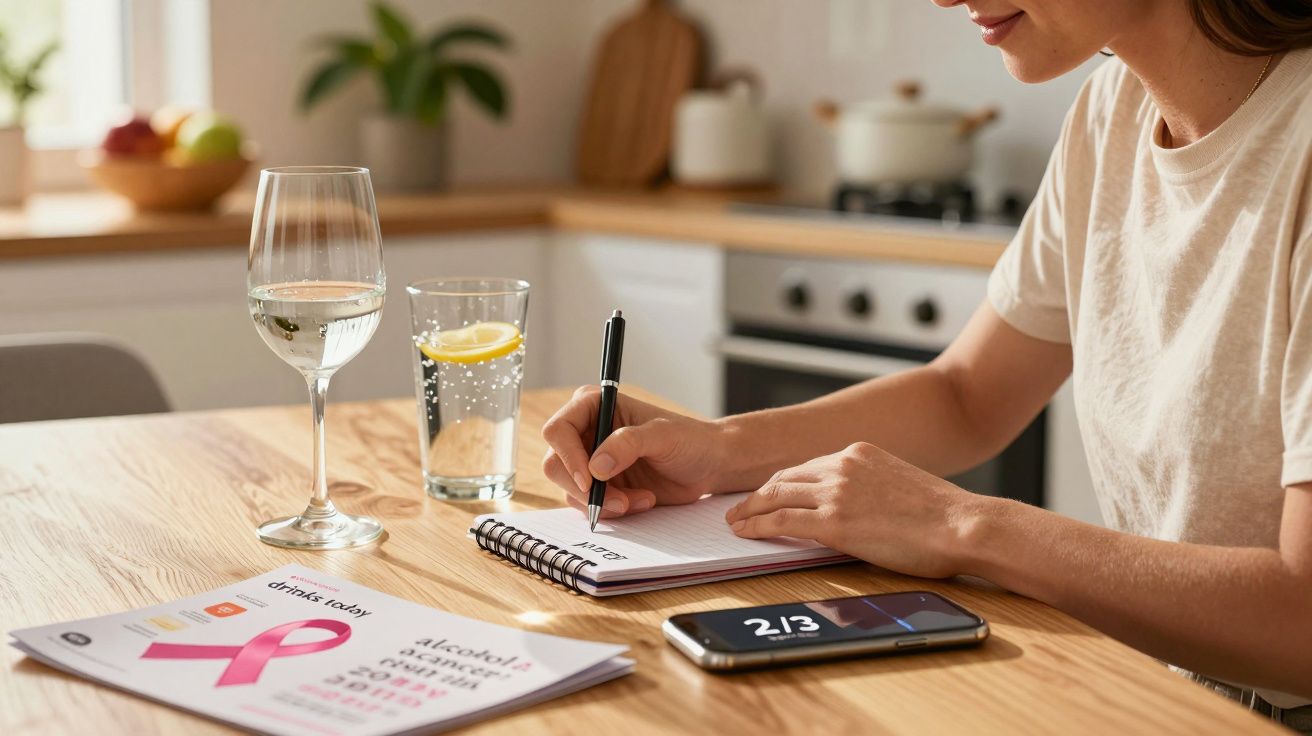 Persoană scriind într-un caiet pe o masă cu sticlă de apă, pahar de apă cu lămâie, telefon și documente.