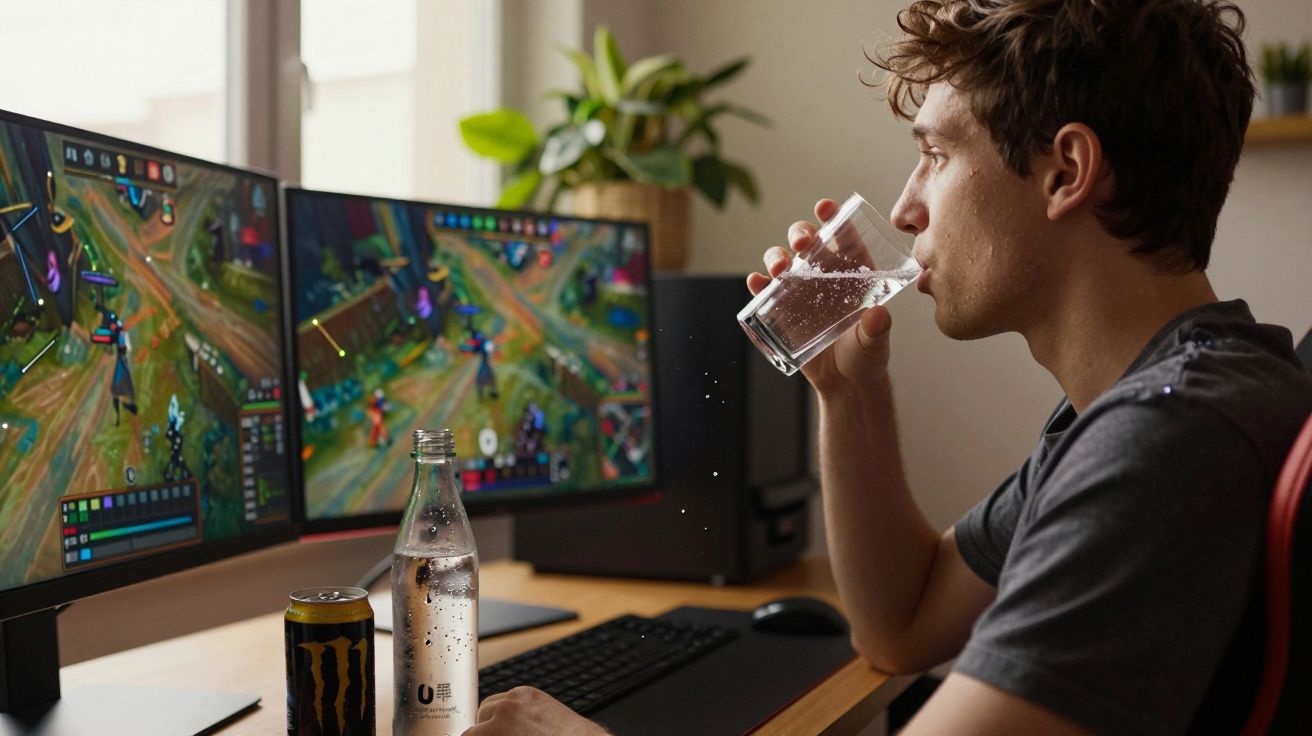 Tânăr care joacă joc video la calculator, lângă două monitoare și bea apă dintr-un pahar.