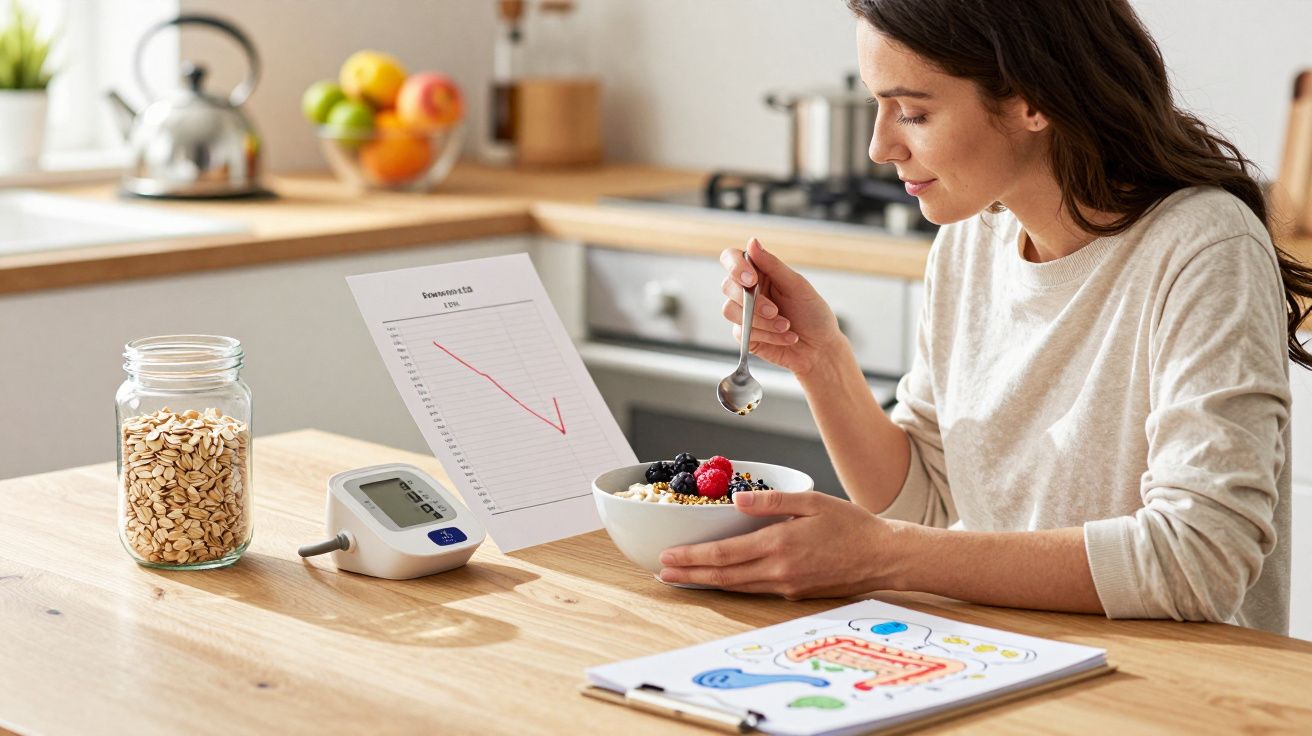 Femeie mâncând terci cu fructe, alături de un tensiometru, un borcan cu ovăz și un grafic pe un birou în bucătărie.