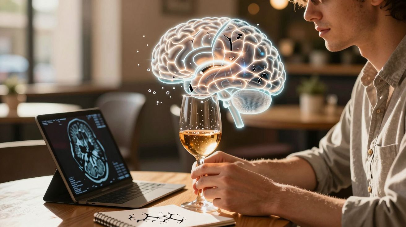 Bărbat care studiază imagini ale creierului pe laptop, ținând un pahar și analizând activitatea cerebrală.