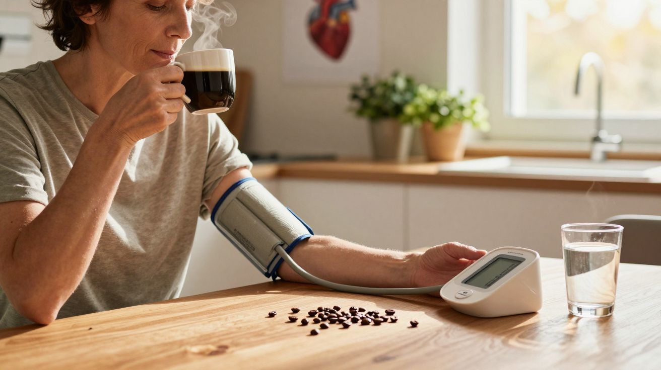 Persoană măsurându-și tensiunea arterială în timp ce bea o cafea fierbinte în bucătărie.