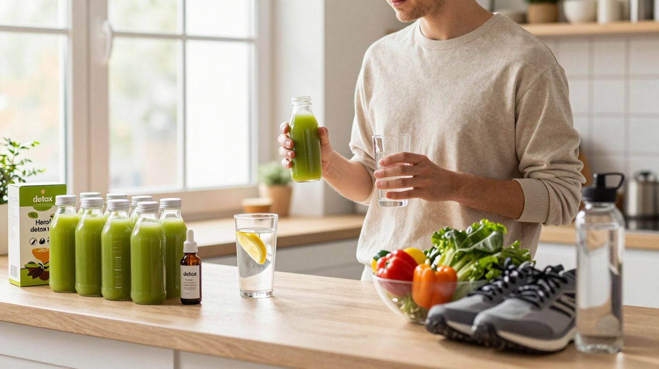 Bărbat ținând un pahar de apă și o sticlă cu suc verde într-o bucătărie cu legume și adidași pe tejghea.