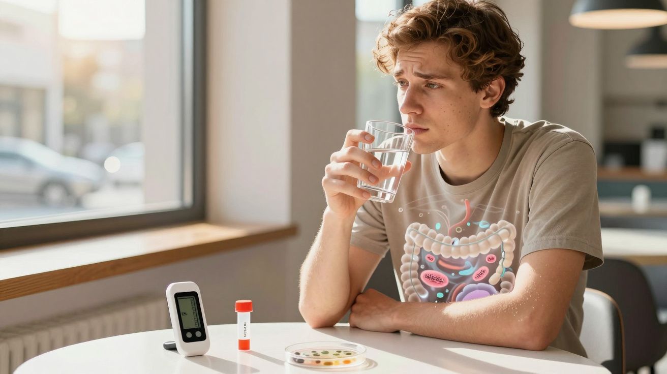 Tânăr cu ilustrație a sistemului digestiv, stând la masă și ținând un pahar cu apă, alături de aparate medicale.