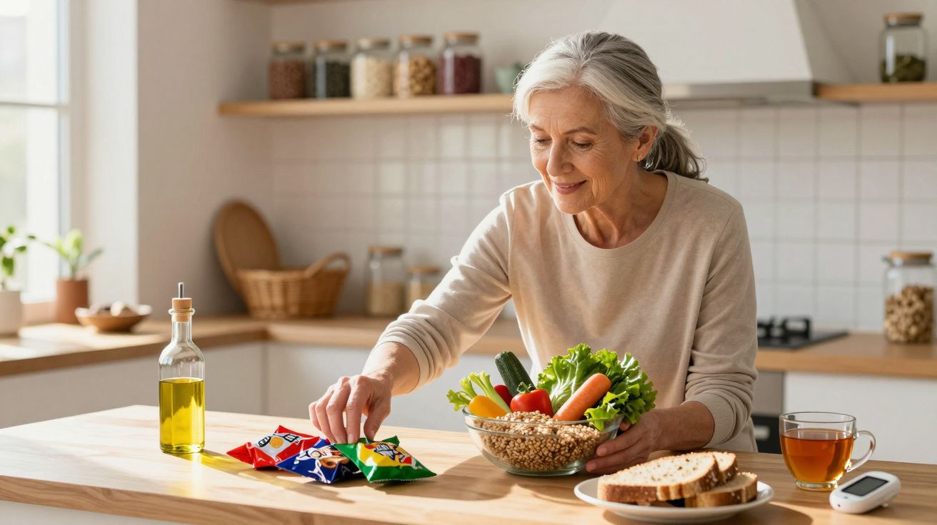 Femeie în vârstă pregătind o salată cu legume proaspete în bucătărie luminoasă.