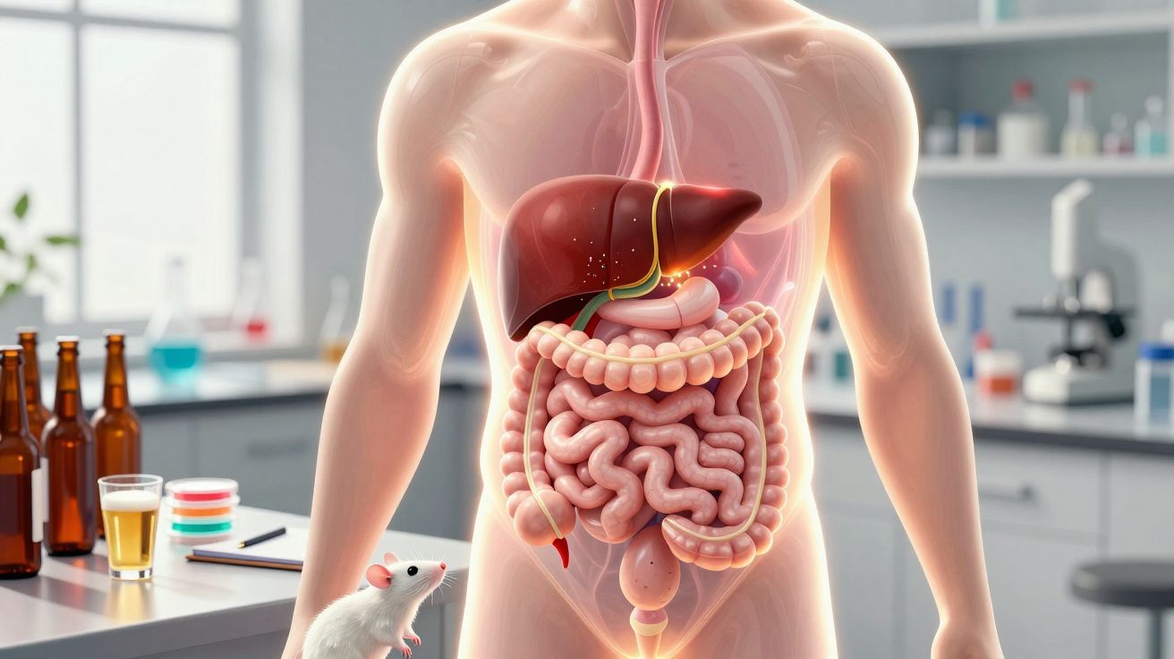 Diagrama transparentă a corpului uman cu sistemul digestiv și un șoarece de laborator într-un laborator.