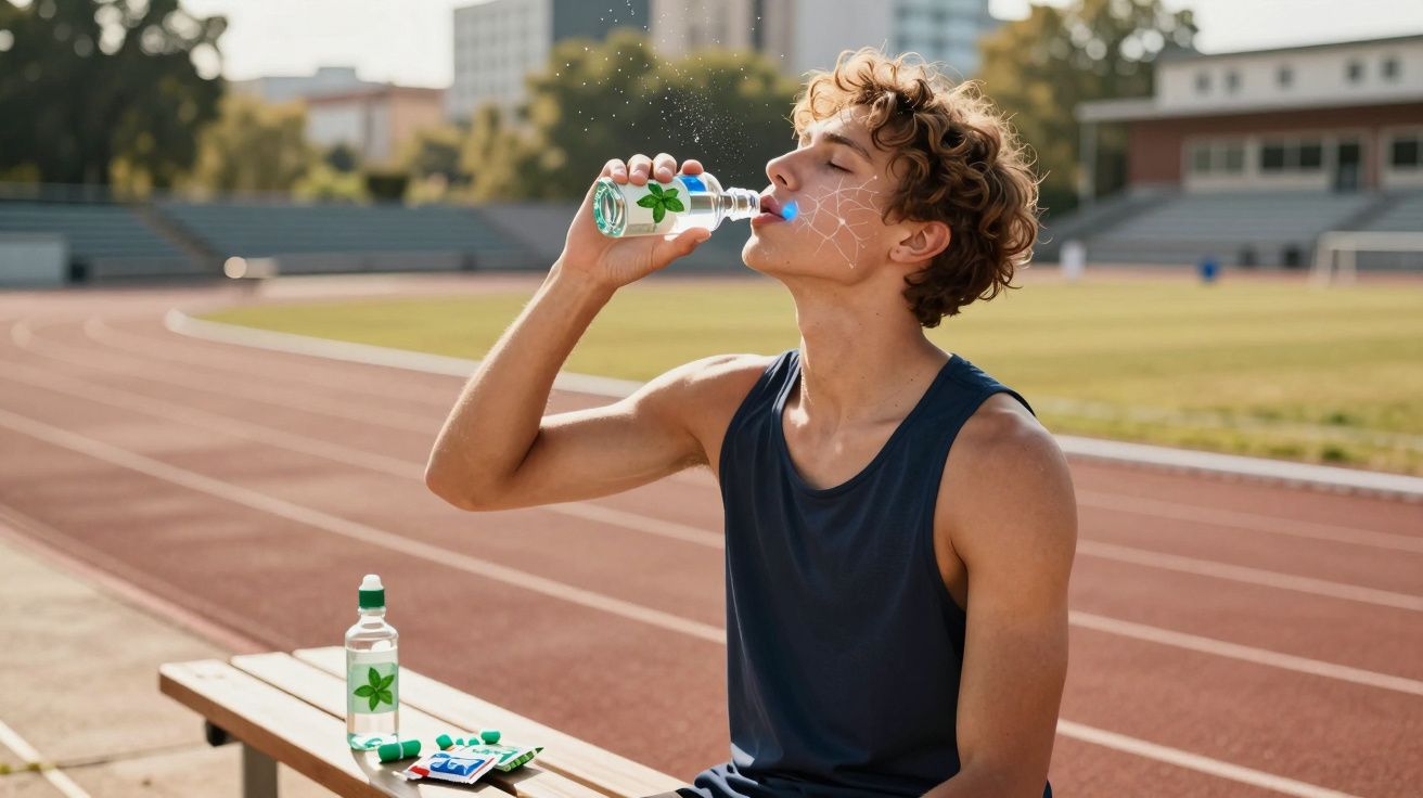 Tânăr sportiv hidratându-se cu apă de izvor pe o bancă lângă pista de atletism într-o zi însorită.