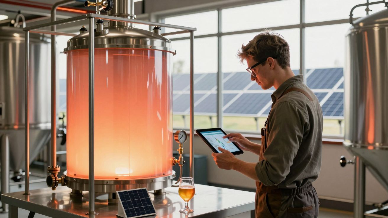 Bărbat cu tabletă verificând echipamente moderne de fabricare a berii într-o fabrică cu panouri solare.