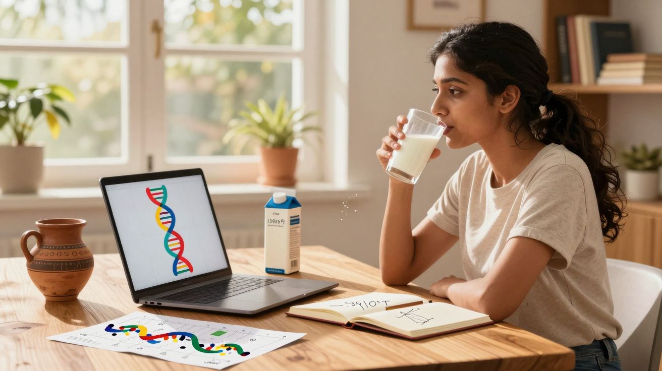 Tânără care bea lapte în timp ce studiază o diagramă ADN pe laptop și caiete pe o masă de lemn.