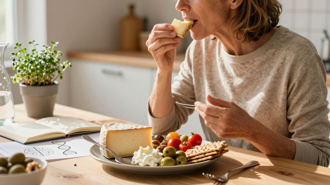 Femeie care mestecă o bucată de brânză la o masă cu aperitive variate și legume proaspete.