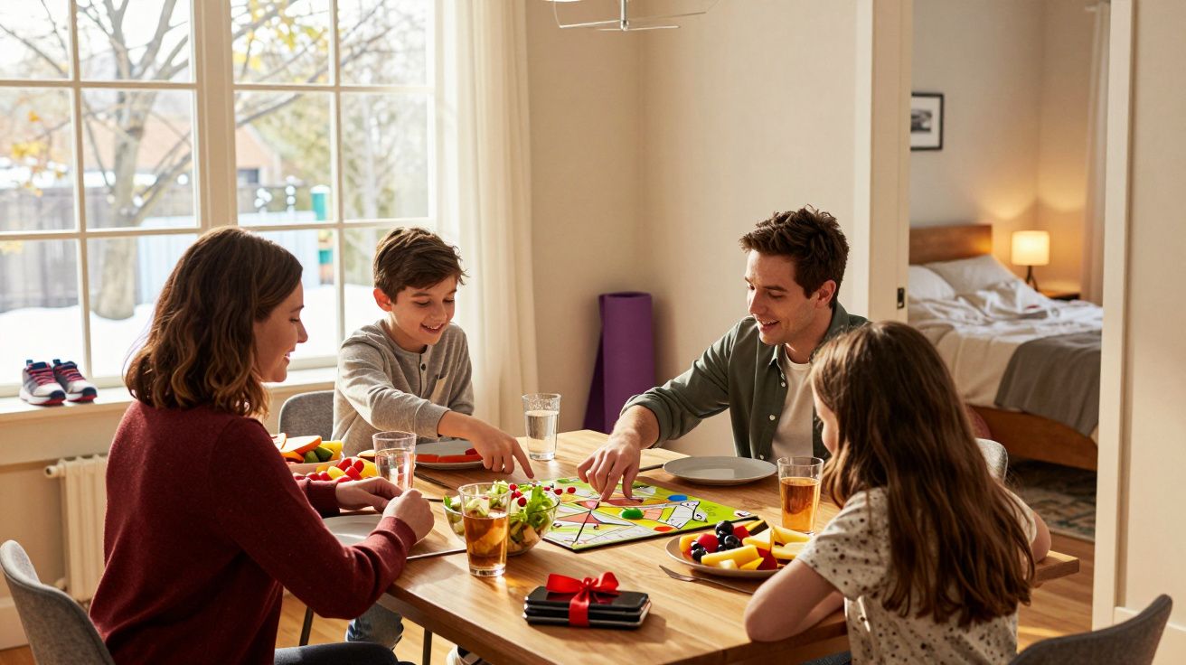 O familie joacă un joc de societate în jurul mesei din sufragerie, bucurându-se împreună.