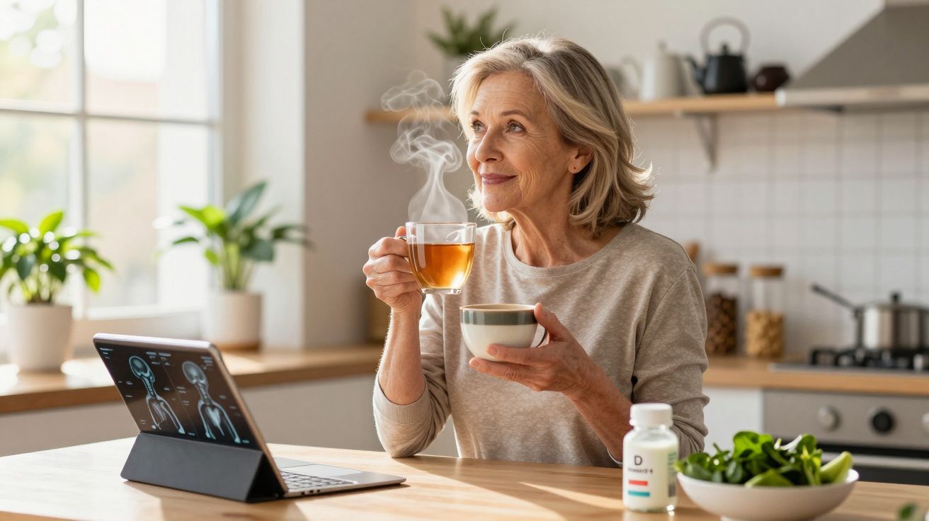 Femeie în vârstă bând ceai fierbinte, stând la masă cu tabletă deschisă într-o bucătărie luminoasă.