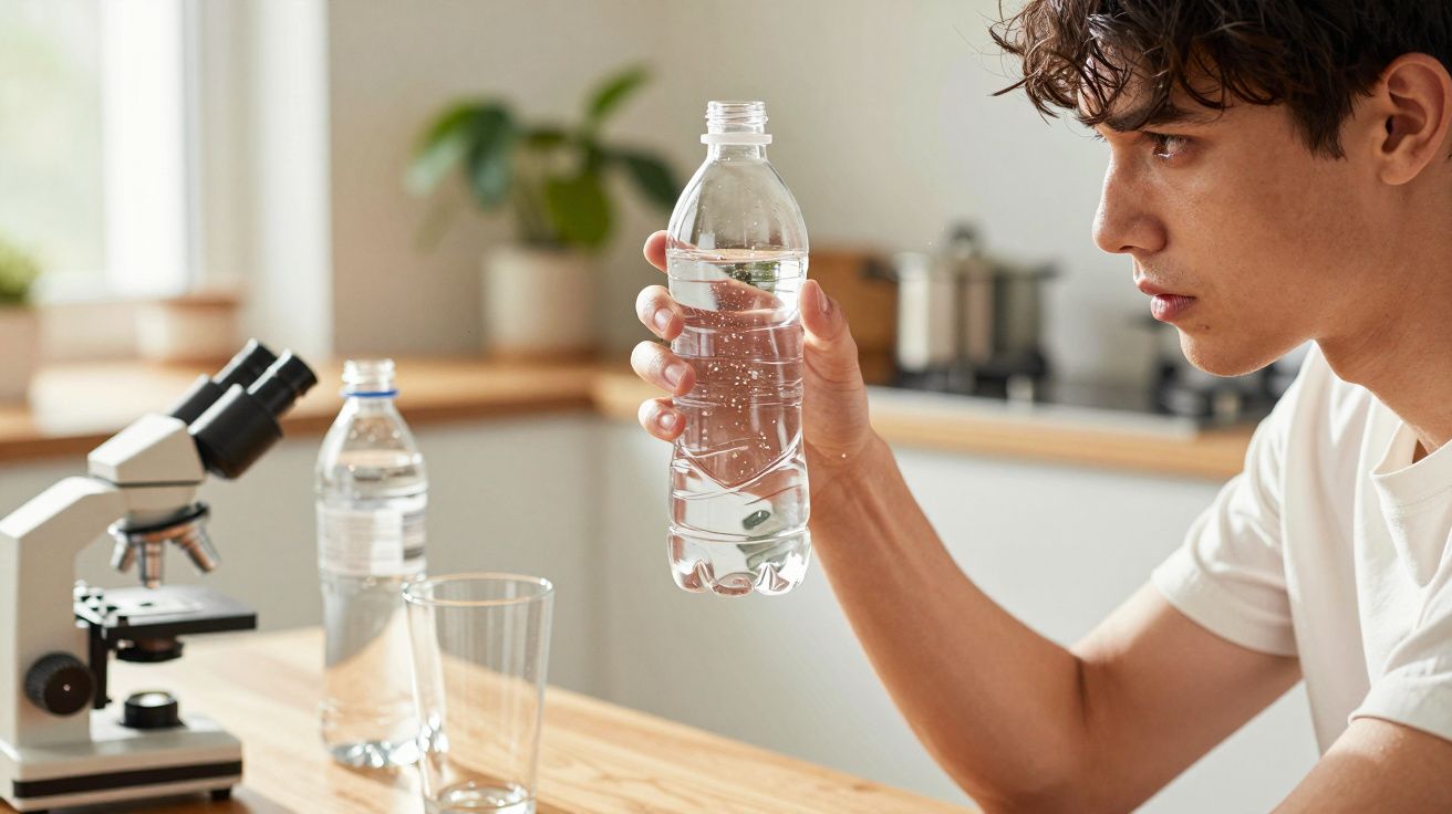 Tânăr privind atent o sticlă cu apă transparentă lângă un microscop pe o masă din lemn într-un laborator.